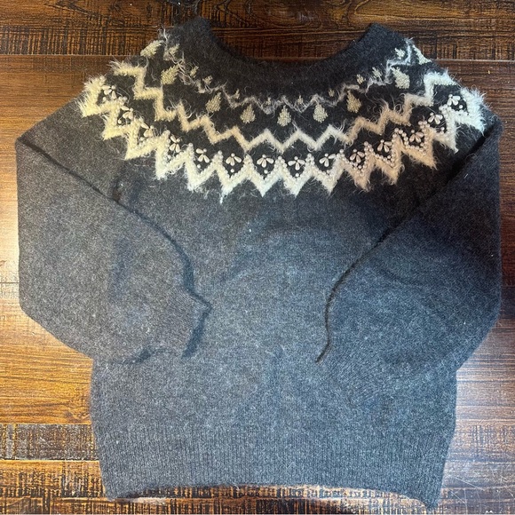 TOP VOGUE Korean Fuzzy Pearl-Embellished Sweater - Grey Fair Isle Knit - Picture 7 of 10